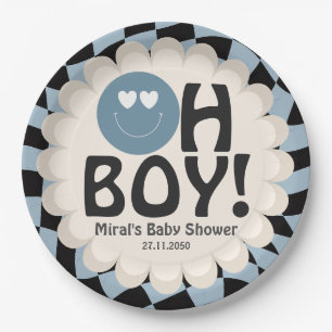 Oh Boy Baby Shower Groovy Blue Happy Face Paper Plates