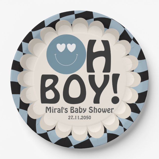 Oh Boy Baby Shower Groovy Blue Happy Face Paper Plates (Front)