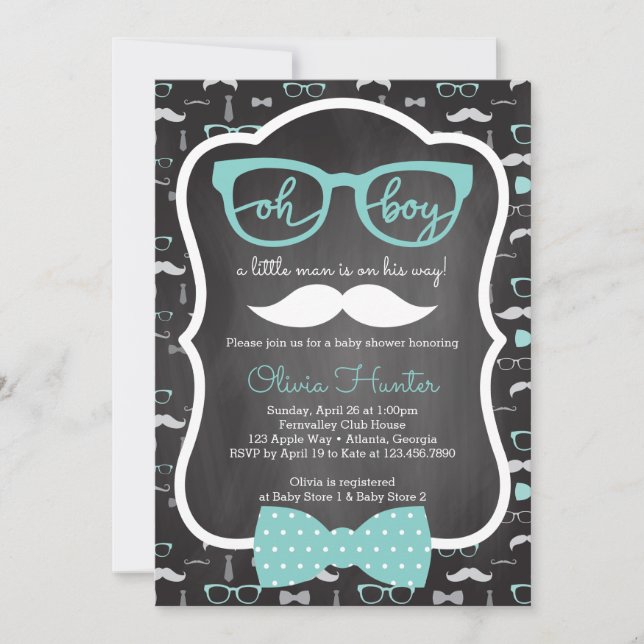 Oh Boy Baby Shower Invitation, Blue, Gray Invitation (Front)