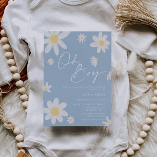 Oh Boy Baby Shower Invitation Dusty Blue Daisy