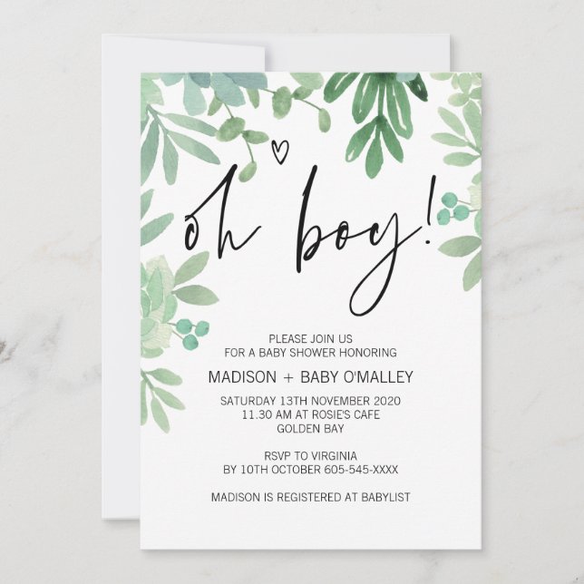 Oh Boy Baby Shower Party Greenery Succulents Invitation (Front)