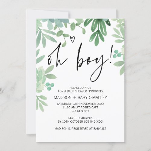 Oh Boy Baby Shower Party Greenery Succulents Invitation