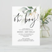Oh Boy Baby Shower Party Modern Eucalyptus Invitation (Standing Front)