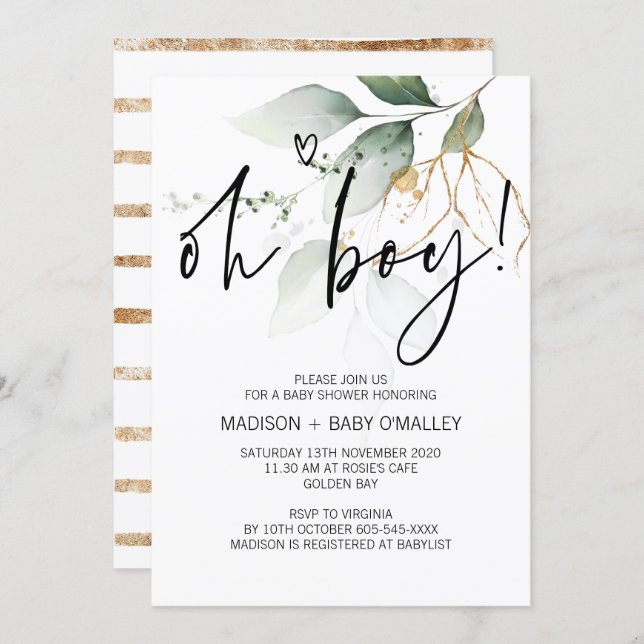 Oh Boy Baby Shower Party Modern Eucalyptus Invitation (Front/Back)