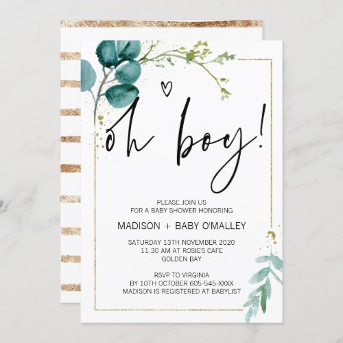 Oh Boy Baby Shower Party Modern Gold Eucalyptus Invitation