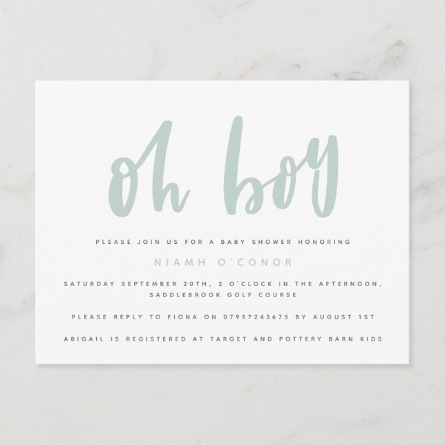 Oh boy baby shower postcard. invitation postcard (Front)