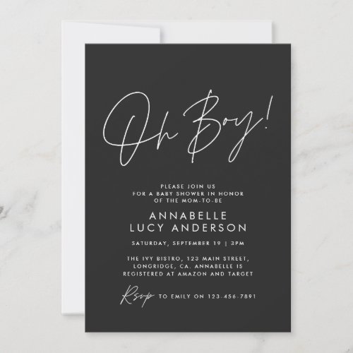 oh Boy baby shower script baby black elegant  Invitation