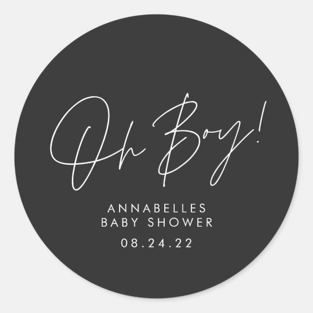 oh boy Baby shower script black elegant  Classic Round Sticker (Front)