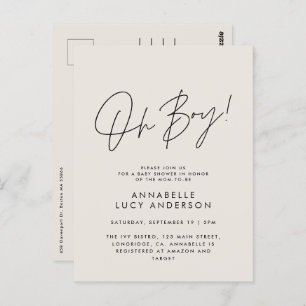 oh boy Baby shower script cream elegant  Postcard