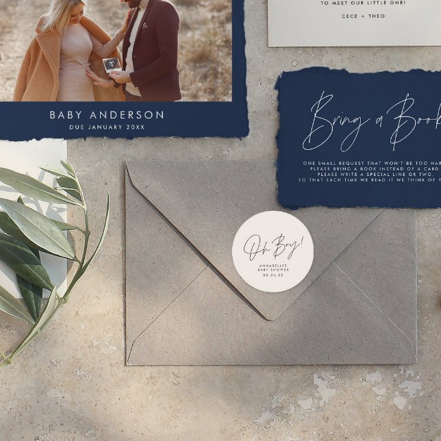 oh boy Baby shower script cream neutral elegant  Classic Round Sticker (Creator Uploaded)