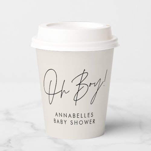 oh boy Baby shower script cream neutral elegant  Paper Cups