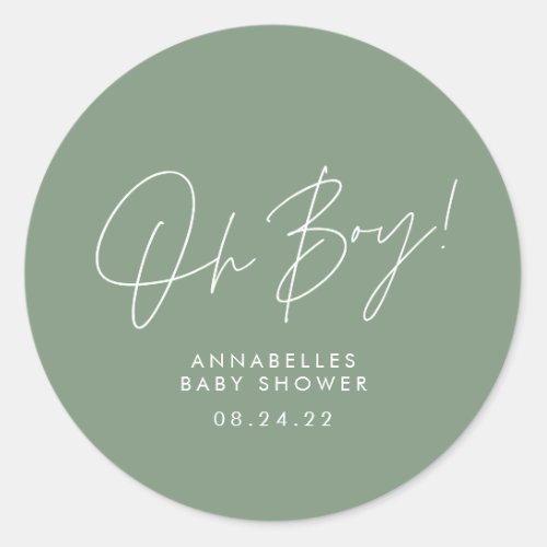 oh boy Baby shower script green elegant  Classic Round Sticker