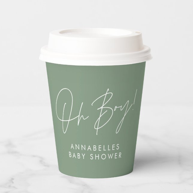 oh boy Baby shower script green elegant  Paper Cups (Front)