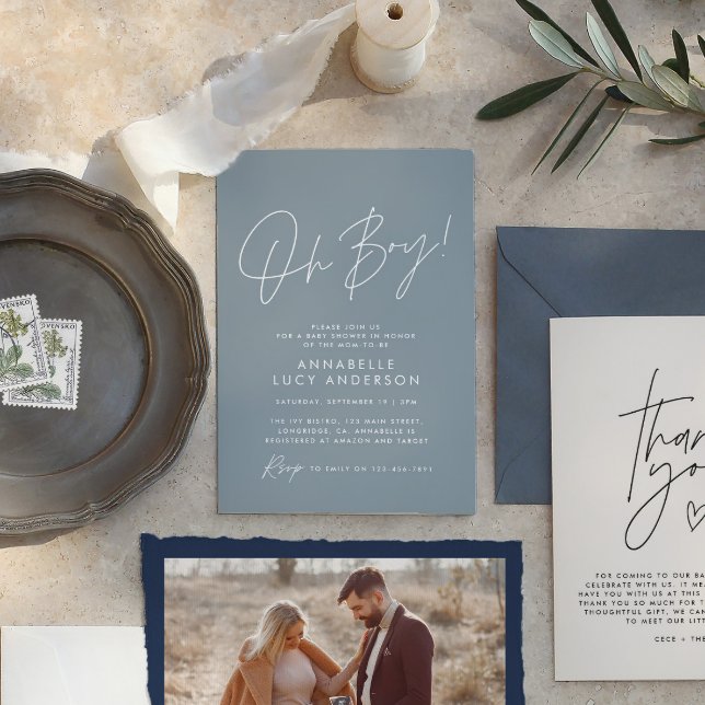 oh Boy baby shower script modern baby blue elegant Invitation (Creator Uploaded)