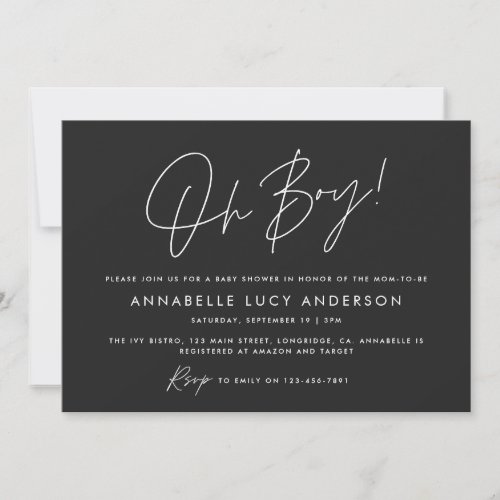 oh boy Baby shower script modern black boho Invitation