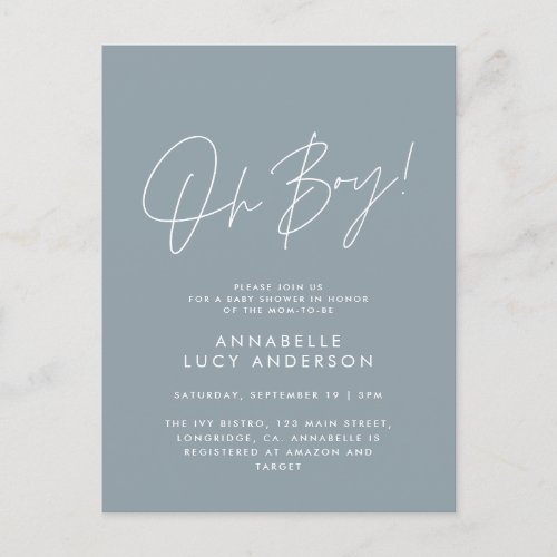 oh boy Baby shower script modern blue elegant  Postcard