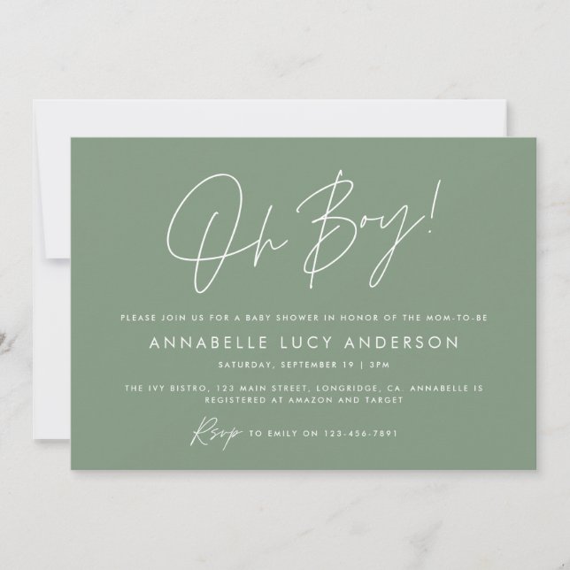 oh boy Baby shower script modern green boho Invitation (Front)