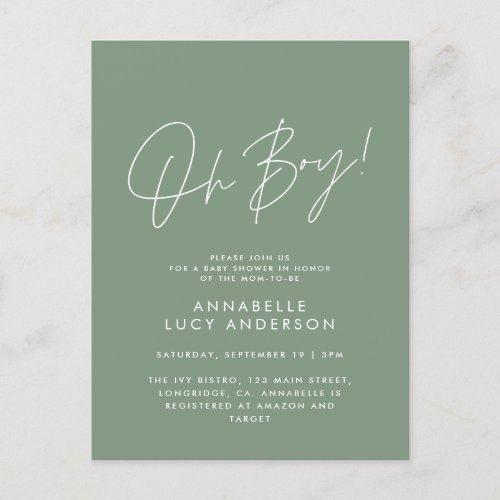 oh boy Baby shower script modern green elegant  Postcard