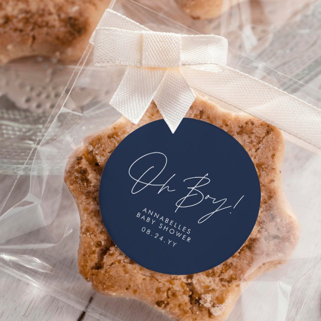 oh boy Baby shower script navy blue elegant  Classic Round Sticker (Creator Uploaded)