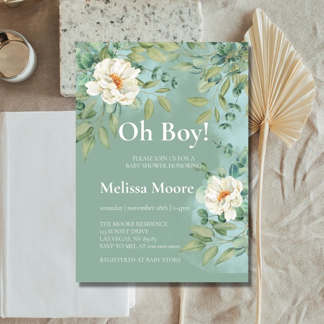 Oh Boy Baby Shower Silver Sage Eucalyptus Flower Invitation (Creator Uploaded)