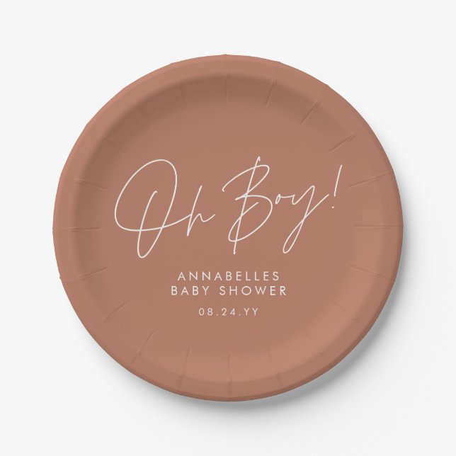 oh boy Baby shower terracotta modern elegant  Paper Plates (Front)