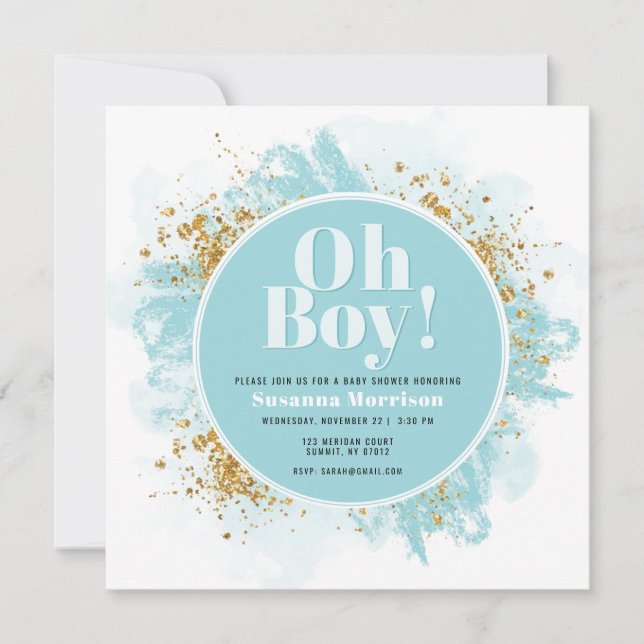 Oh Boy Baby Shower Watercolor Glitter Invitation (Front)