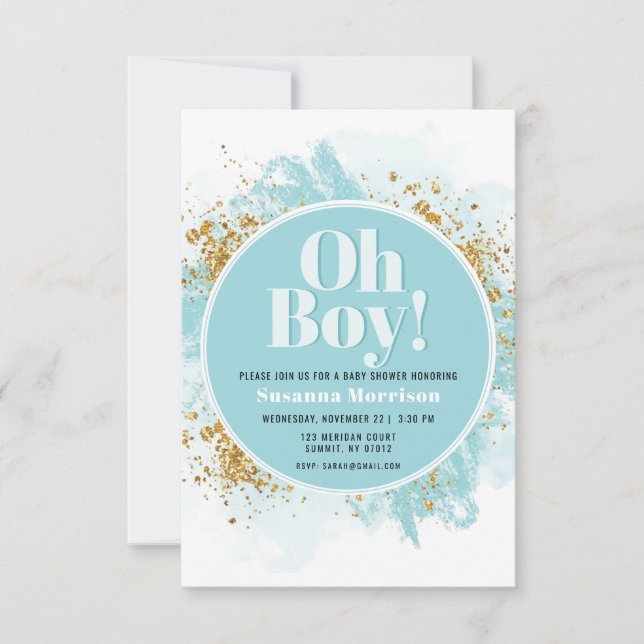 Oh Boy Baby Shower Watercolor Glitter Invitation (Front)