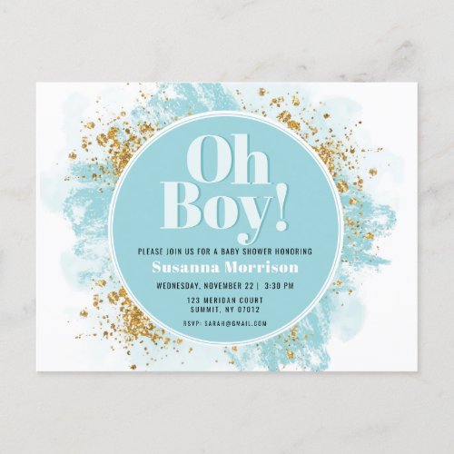Oh Boy Baby Shower Watercolor Glitter Invitation Postcard