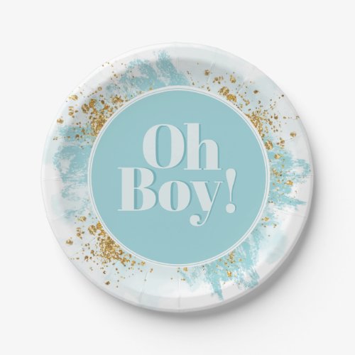 Oh Boy Baby Shower Watercolor Glitter Paper Plates