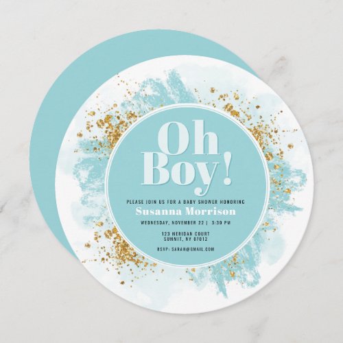 Oh Boy Baby Shower Watercolor Glitter Round Invitation