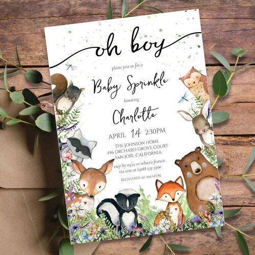 Oh Boy Baby Sprinkle Woodland Animal Creatures Invitation