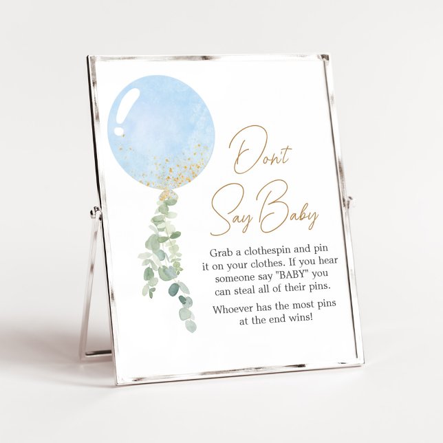 Oh Boy Balloon Baby Shower Don't Say Baby Poster (Blue Balloon Eucalyptus Baby Shower Don't Say Baby Sign)