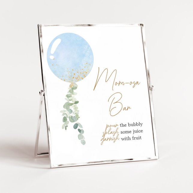 Oh Boy Balloon Baby Shower Mom Osa Bar Poster (Blue Balloon Eucalyptus Baby Shower Mom Osa Bar Sign)