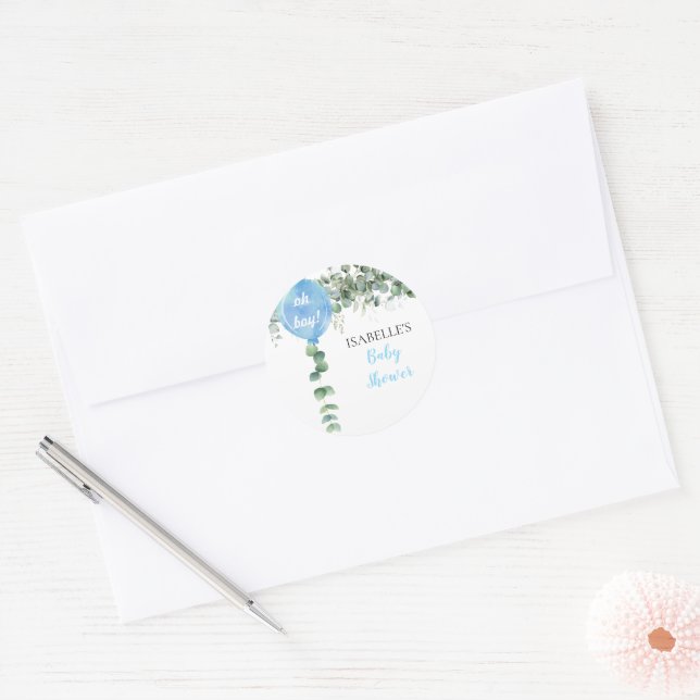 Oh Boy balloon greenery eucalyptus baby shower Classic Round Sticker (Envelope)