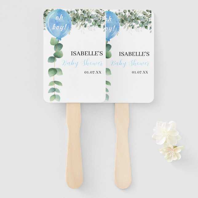 Oh Boy balloon greenery eucalyptus baby shower Hand Fan (Front and Back)