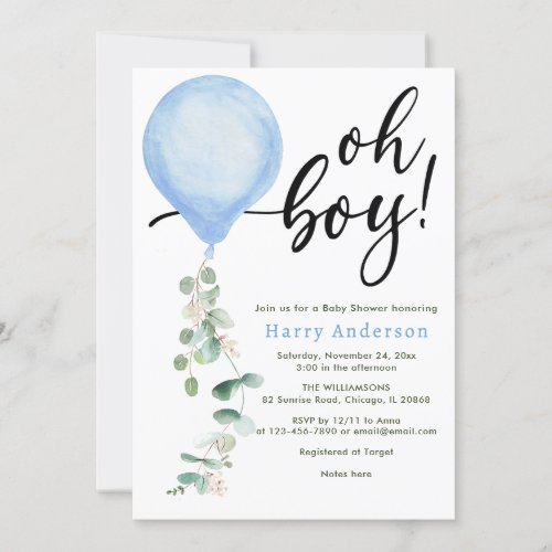 Oh Boy balloon greenery eucalyptus baby shower Inv Invitation