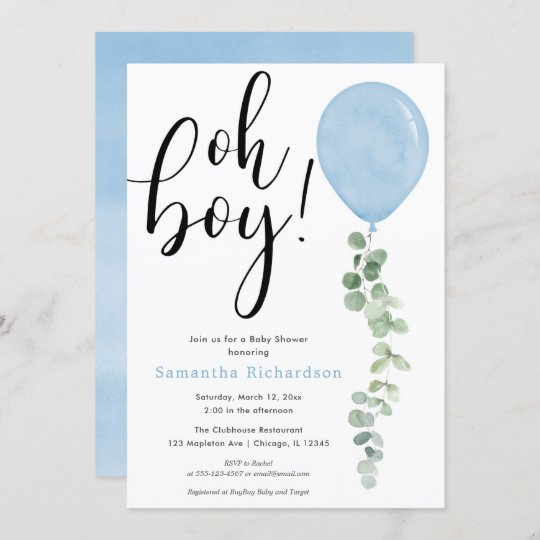 Oh Boy Balloon Greenery Eucalyptus Baby Shower Invitation