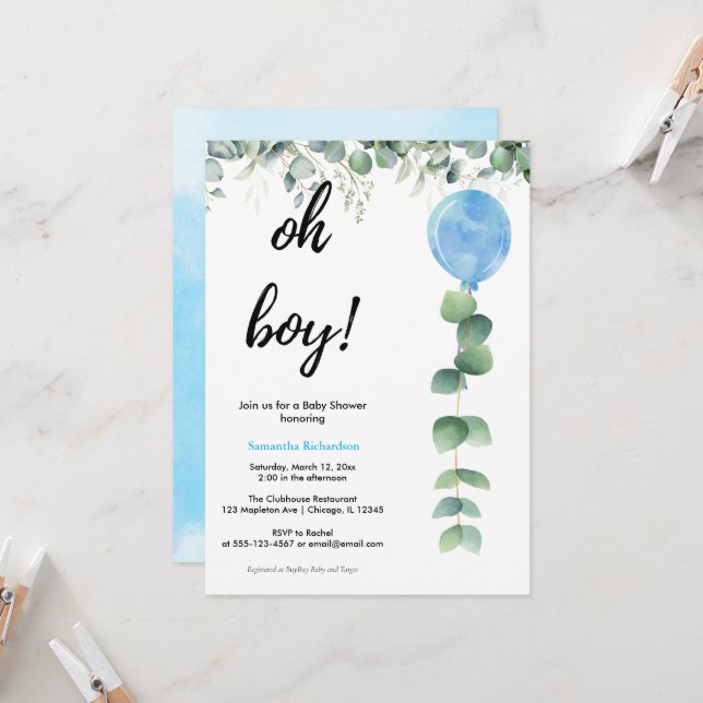 Oh Boy balloon greenery eucalyptus baby shower Invitation (Front/Back In Situ)