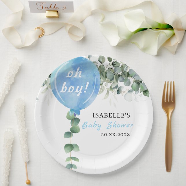 Oh Boy balloon greenery eucalyptus baby shower Paper Plates (Wedding)