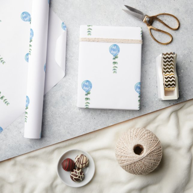 Oh Boy balloon greenery eucalyptus baby shower Wrapping Paper (Crafts)