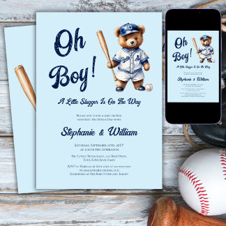 Oh Boy Baseball  Baby Shower Cute Bear Invitation
