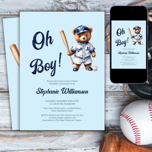 Oh Boy Baseball  Baby Shower Cute Bear Invitation