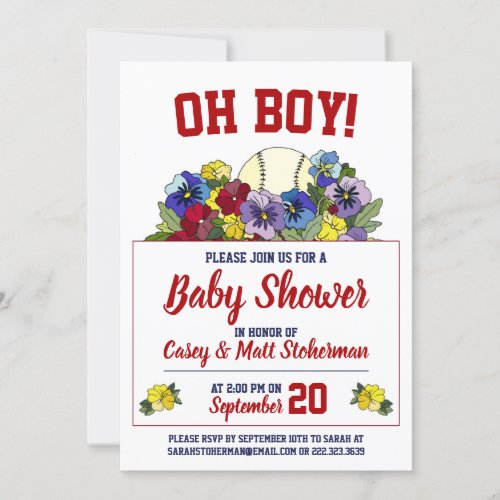 Oh Boy Baseball in Flowers Baby Shower Invitation