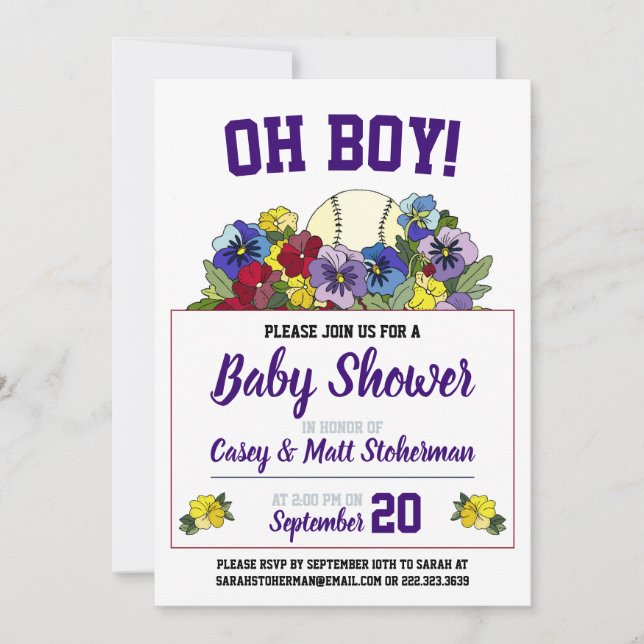 Oh Boy Baseball in Flowers Baby Shower Invitation (Front)