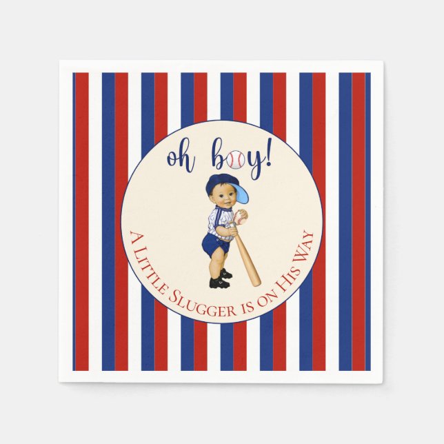 Oh Boy Baseball Red White Navy Blue Stripes Baby Napkins (Front)