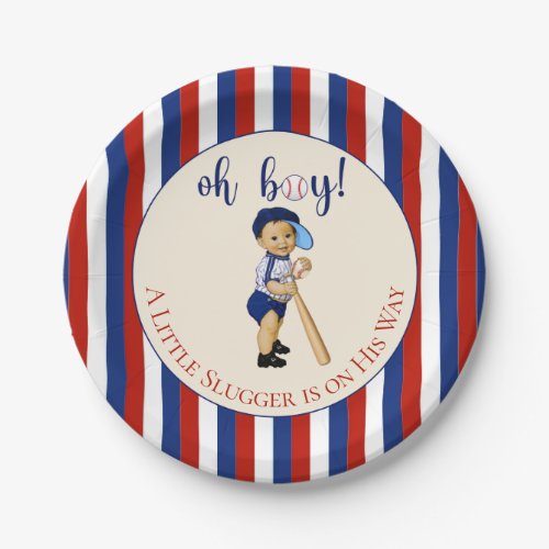 Oh Boy Baseball Red White Navy Blue Stripes Baby Paper Plates