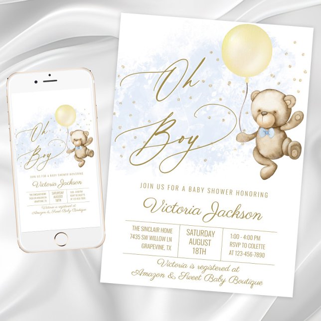 Oh Boy Bear Balloon Baby Shower Invitation (Oh Boy baby shower invitation with bear and balloon. Available for instant download and print.)