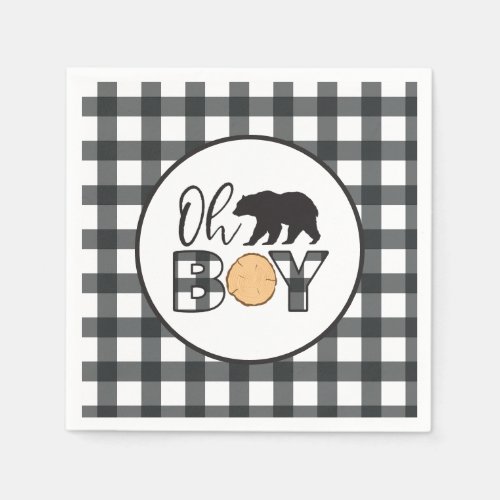 Oh Boy Bear black Buffalo Plaid Baby Shower Napkins