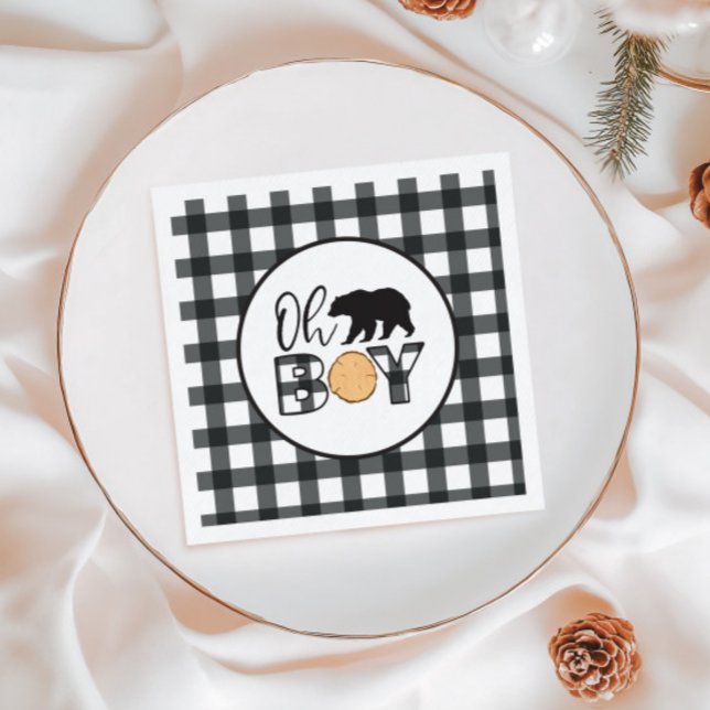Oh Boy Bear black Buffalo Plaid Baby Shower Napkins (Creator Uploaded)