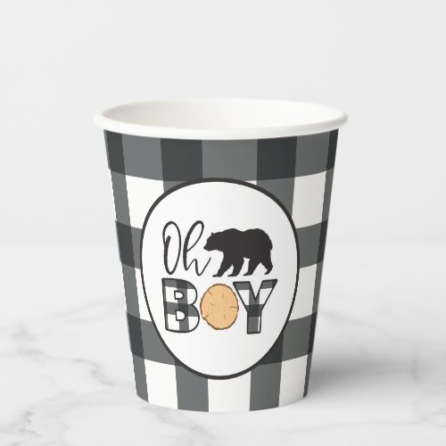 Oh Boy Bear black Buffalo Plaid Baby Shower Paper Cups